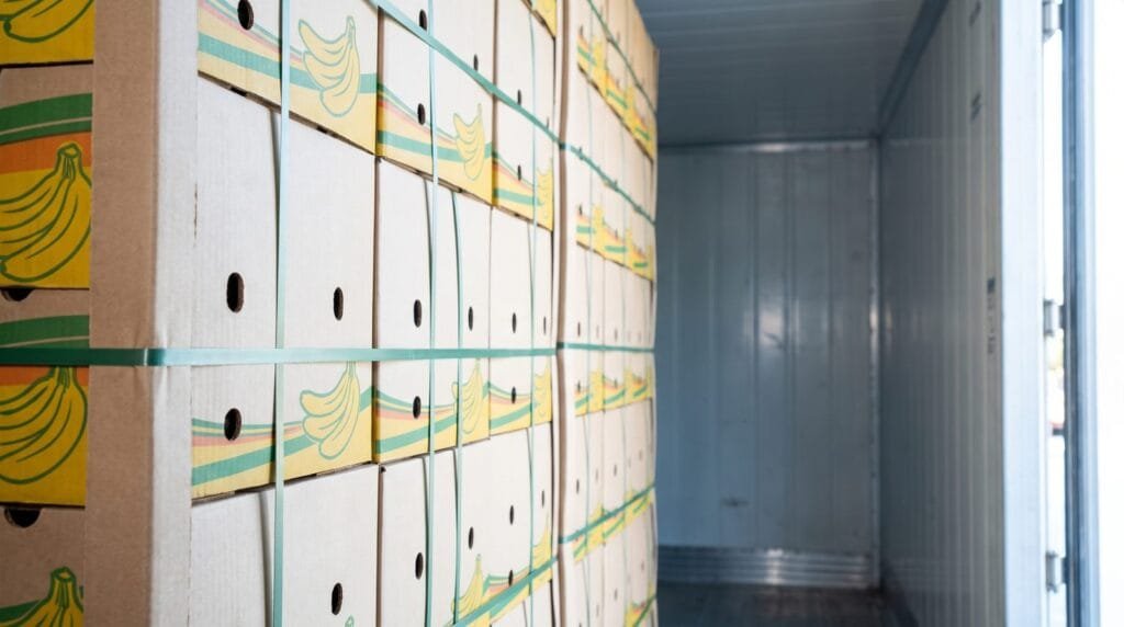 Banana export packaging and container loading: vented export cartons stacked ready for stuffing