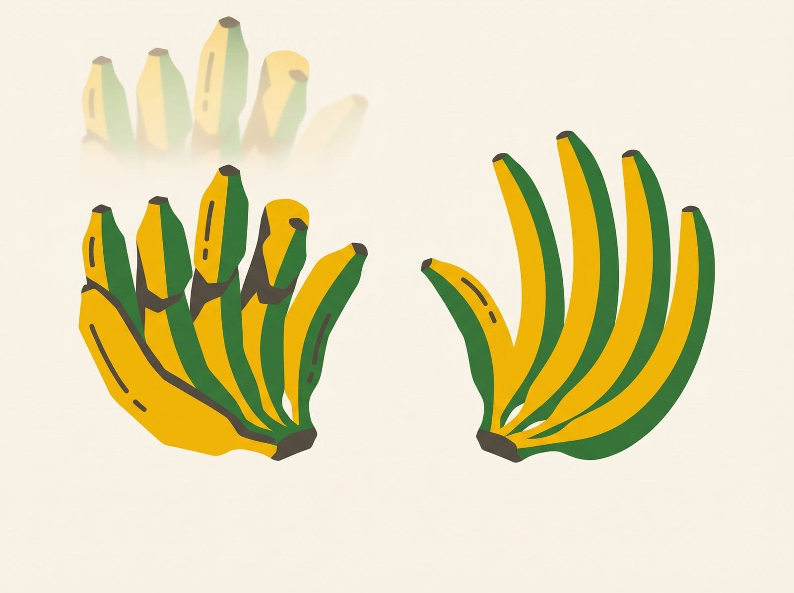 Two banana hands compared, short dense local fruit beside longer graded Cavendish fingers