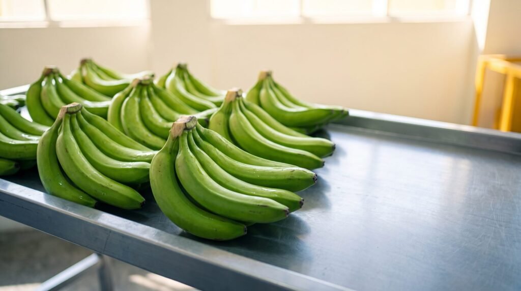 Halal certification for fresh fruit in Malaysia: whole unprocessed bananas graded on a packing table