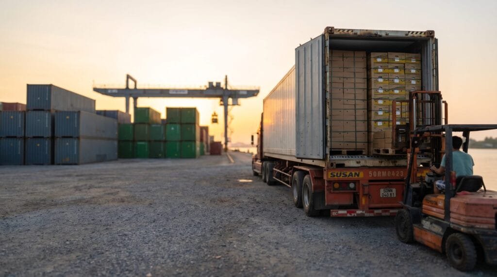 Ho chi minh to port klang lane: a reefer container being loaded at a Vietnamese terminal at dawn