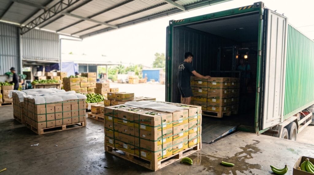How to import bananas from Vietnam: packed cartons moving from the packhouse to a waiting reefer