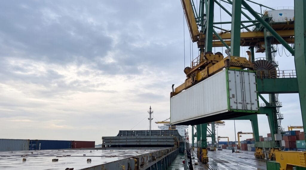 Incoterms for reefer fresh produce: a refrigerated container being lifted aboard at the quayside