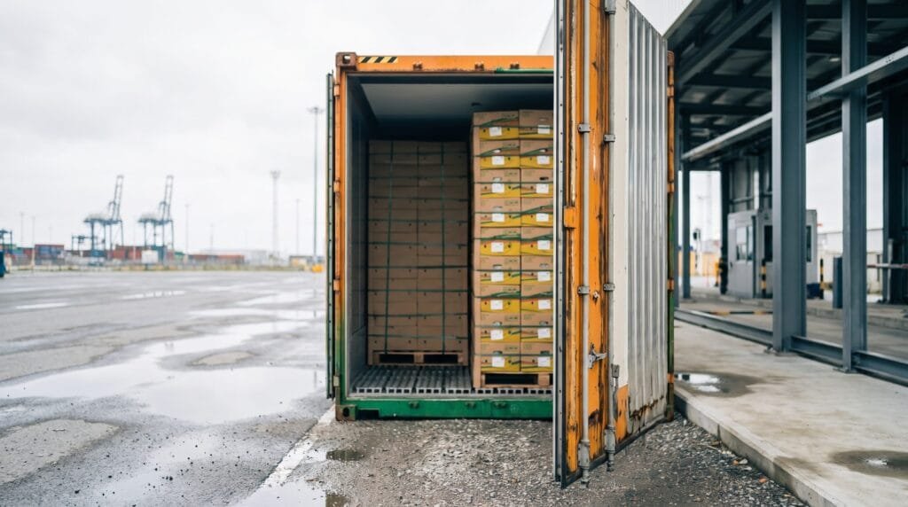 Maqis import permit context: a refrigerated container standing open for inspection at a port gate