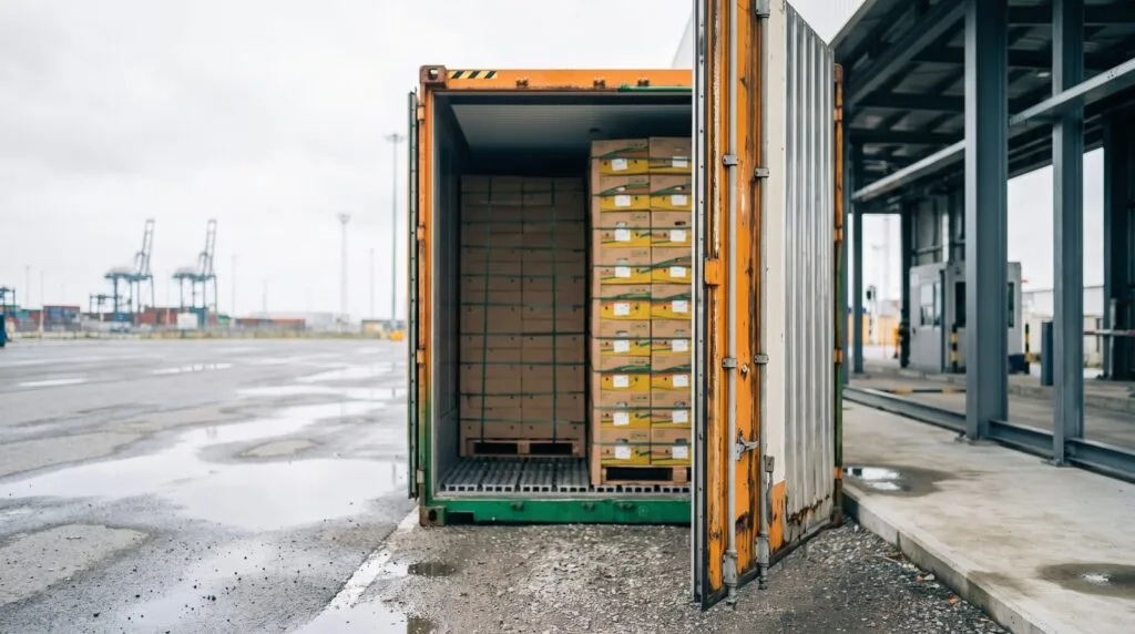 Maqis import permit context: a refrigerated container standing open for inspection at a port gate