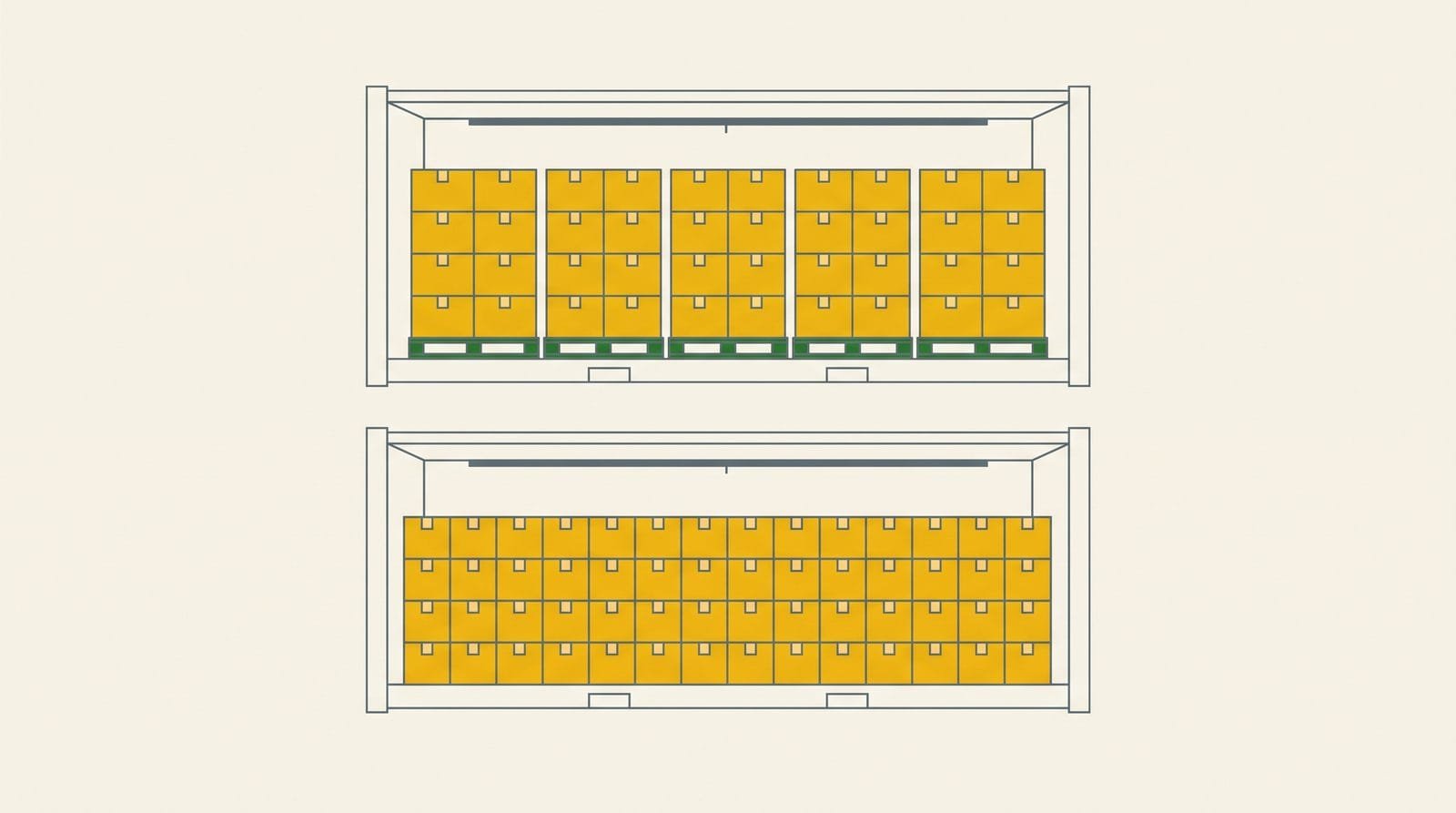 Cutaway comparison of a reefer container loaded on pallets and the same container floor-loaded