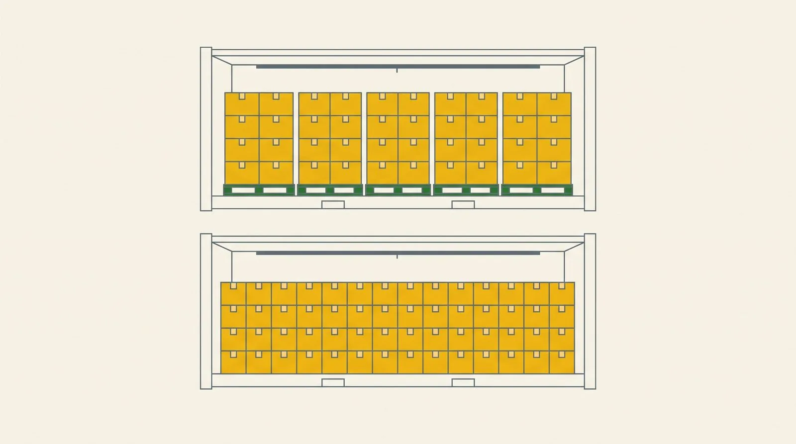 Cutaway comparison of a reefer container loaded on pallets and the same container floor-loaded