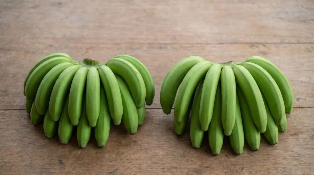 Pisang berangan vs cavendish: a short dense local hand beside a long graded export hand