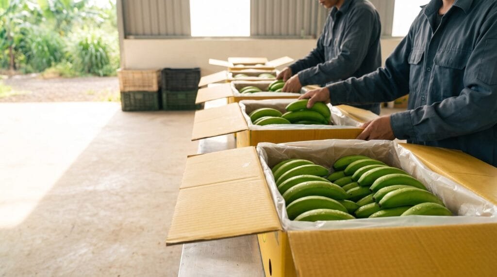 Vietnam banana supplier malaysia: graded Cavendish hands packed into export cartons