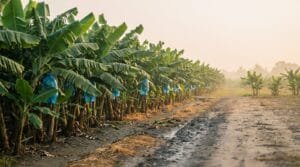 Why malaysia imports bananas: rows of a tropical banana plantation with gaps in the planting