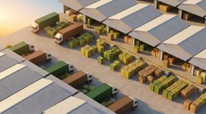 Wholesale yard of the Al Aweer market Dubai fruit traders use, trucks at covered loading docks