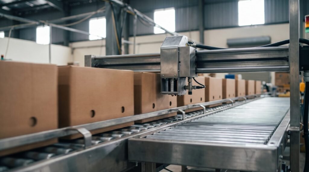 Plain fibreboard cartons on a line where arabic label requirements fresh fruit carton printing happens