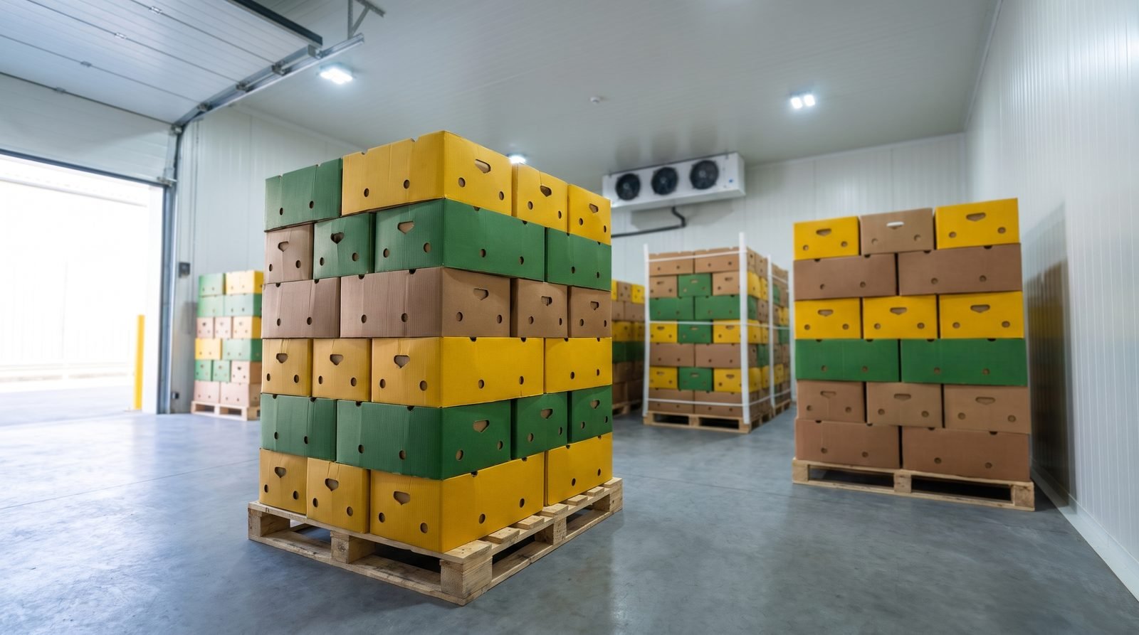 Banana cartons stacked on pallets inside a chilled store before delivery to a wholesale buyer