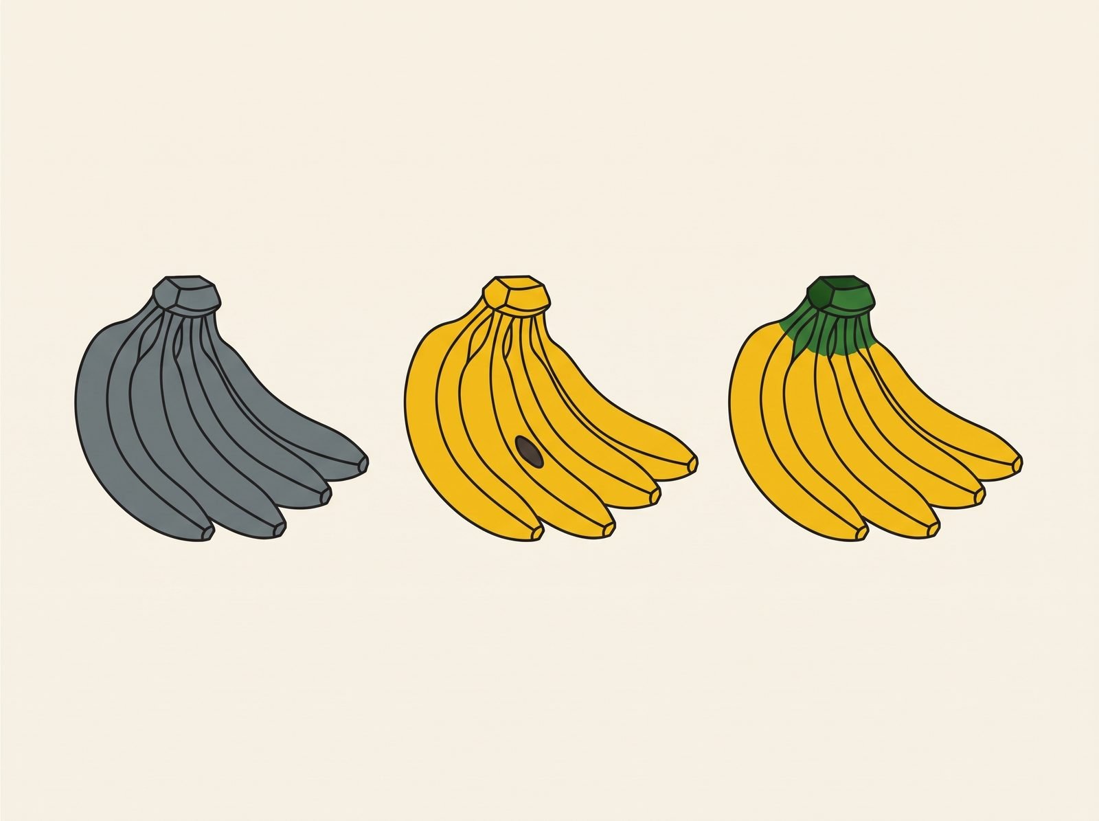 Three banana clusters compared side by side showing dull chilled peel, a localised bruise and a darkened crown