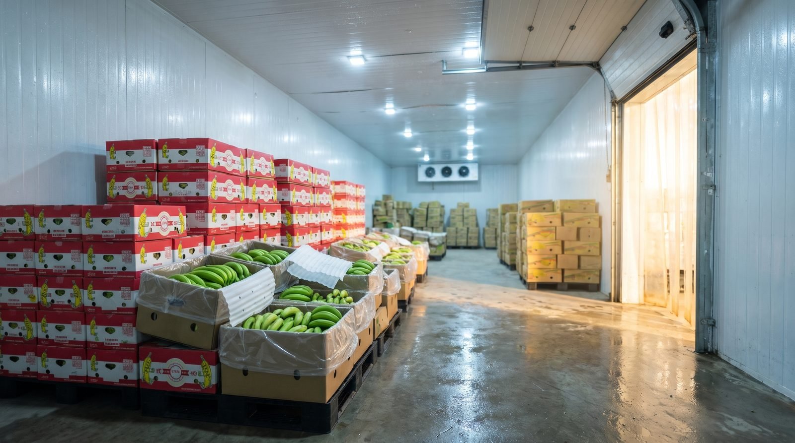 Pallets of freshly packed banana cartons cooling in a chilled room before container loading