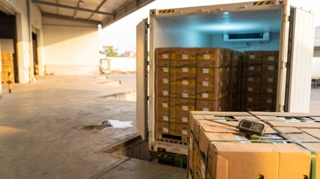Banana quality inspection on arrival: open container doors with stacked banana cartons at a receiving bay