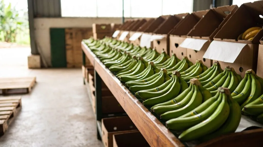 Banana specification for supermarket programmes: graded hands of green bananas on a packing house grading table
