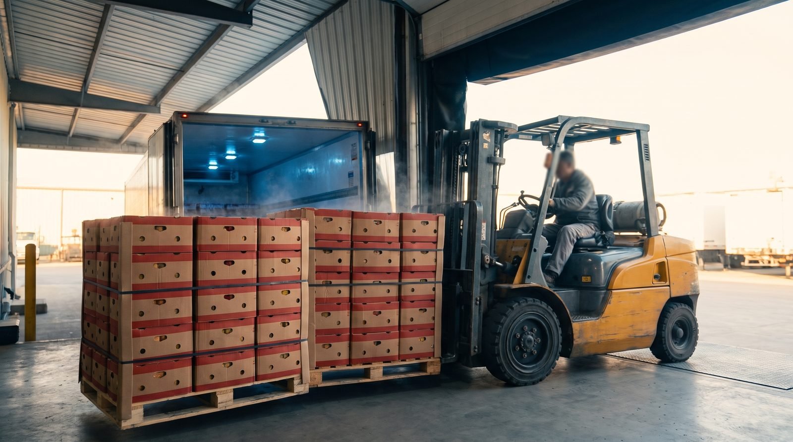 Fruit cartons on pallets being loaded from a chilled dock onto a refrigerated trailer for onward transit