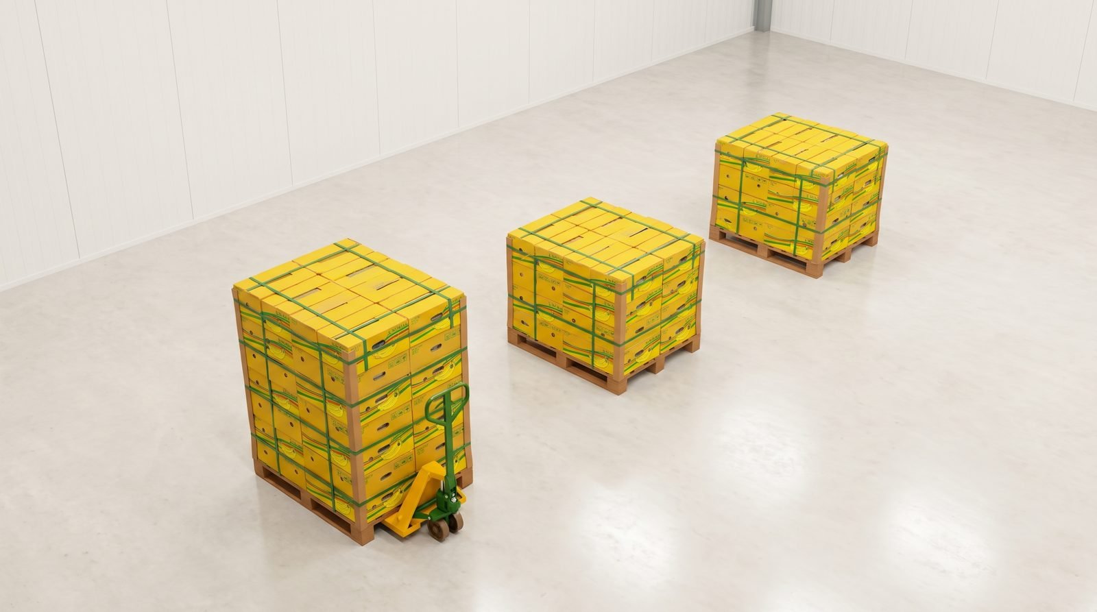 One container load of fruit cartons separated into three smaller pallet lots on a warehouse floor
