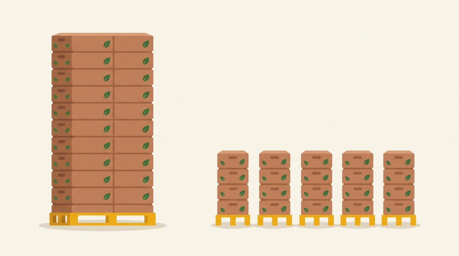 Illustration contrasting one tall stack of banana cartons with five smaller evenly spaced stacks