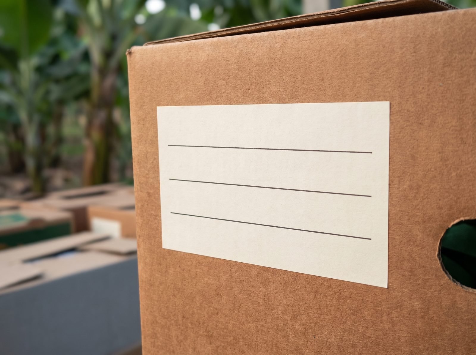 Close view of a blank printed label panel on a fibreboard fruit carton