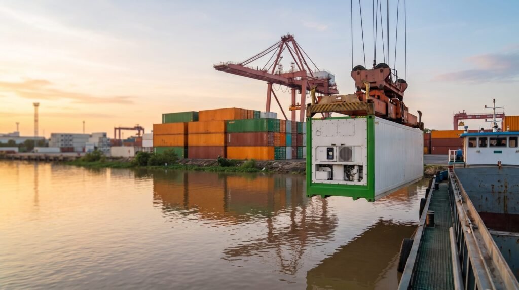 Ho chi minh to singapore shipping lane: a reefer container loaded at a Vietnamese river terminal