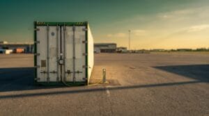 Hold and test: a sealed refrigerated container standing plugged in and waiting at a terminal