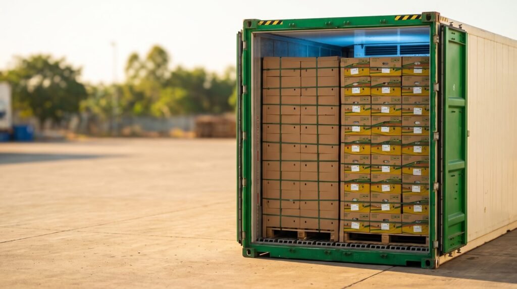 Minimum order quantity banana container: one reefer loaded with palletised banana cartons