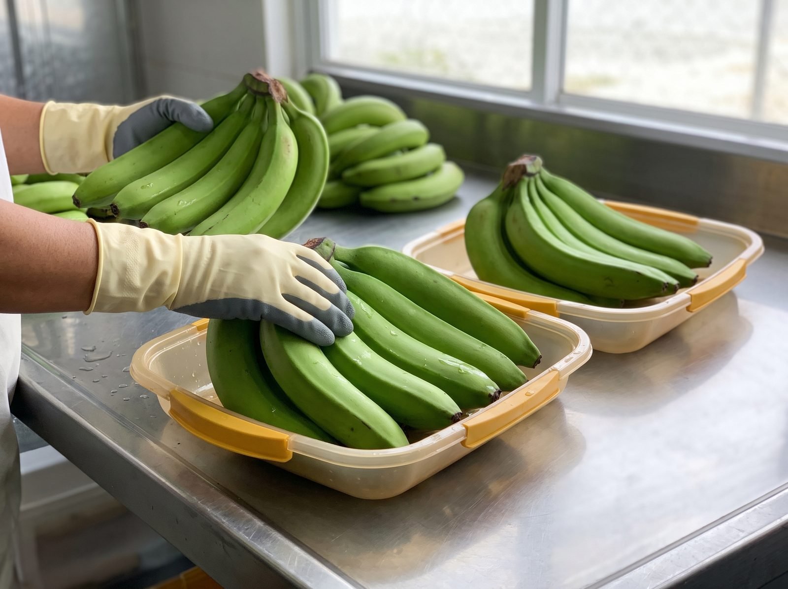 Banana hands being sorted into two separate trays at a grading table