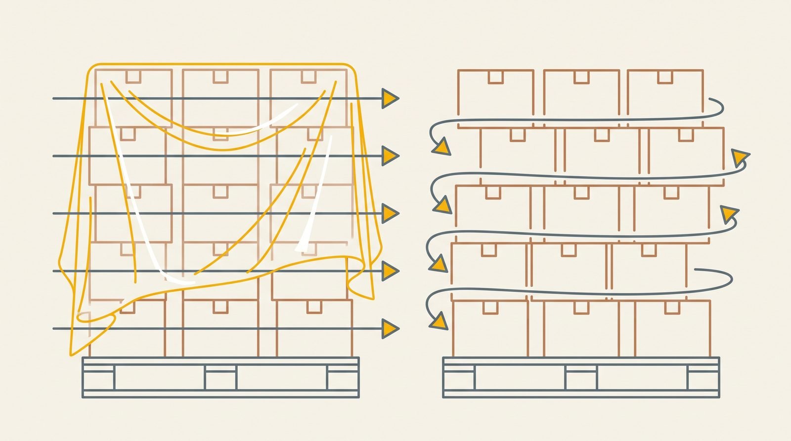 Two pallet stacks compared, one tarped with air forced through cartons, one offset with channels between rows
