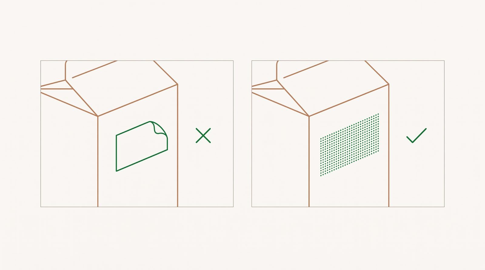 Diagram comparing a peeling adhesive label with a code printed directly onto fibreboard