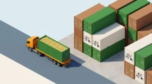 Container yard with a truck departing, the second leg when traders re-export fruit from UAE to Saudi Arabia