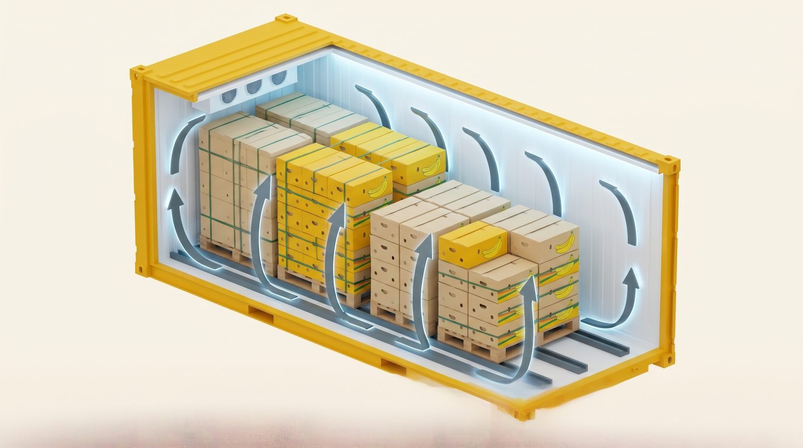 Cutaway reefer container showing banana cartons on pallets with airflow arrows circulating