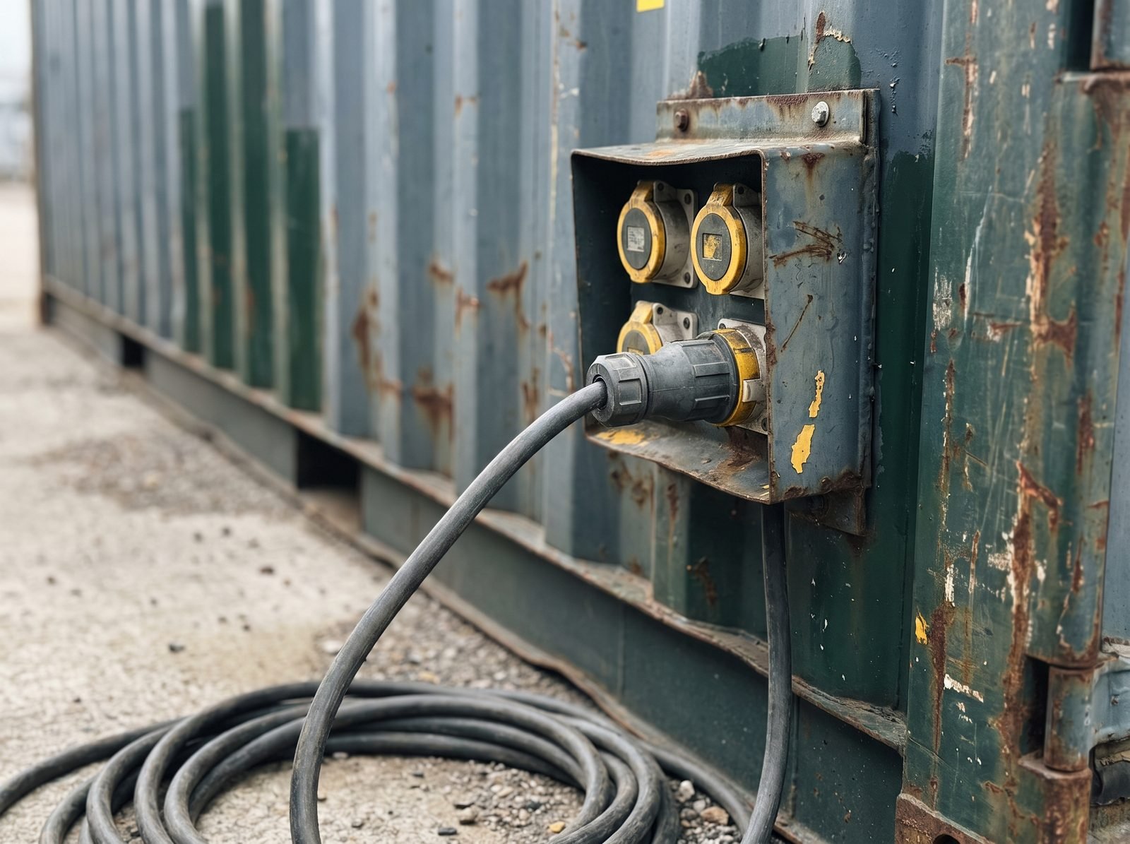 Close view of a reefer power socket panel and cable at a container stack