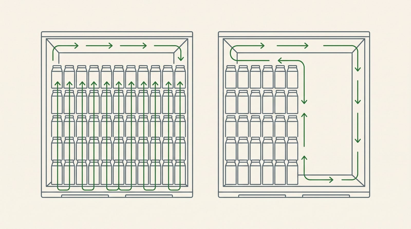 Line diagram comparing airflow through a fully stowed reefer and a part-loaded one