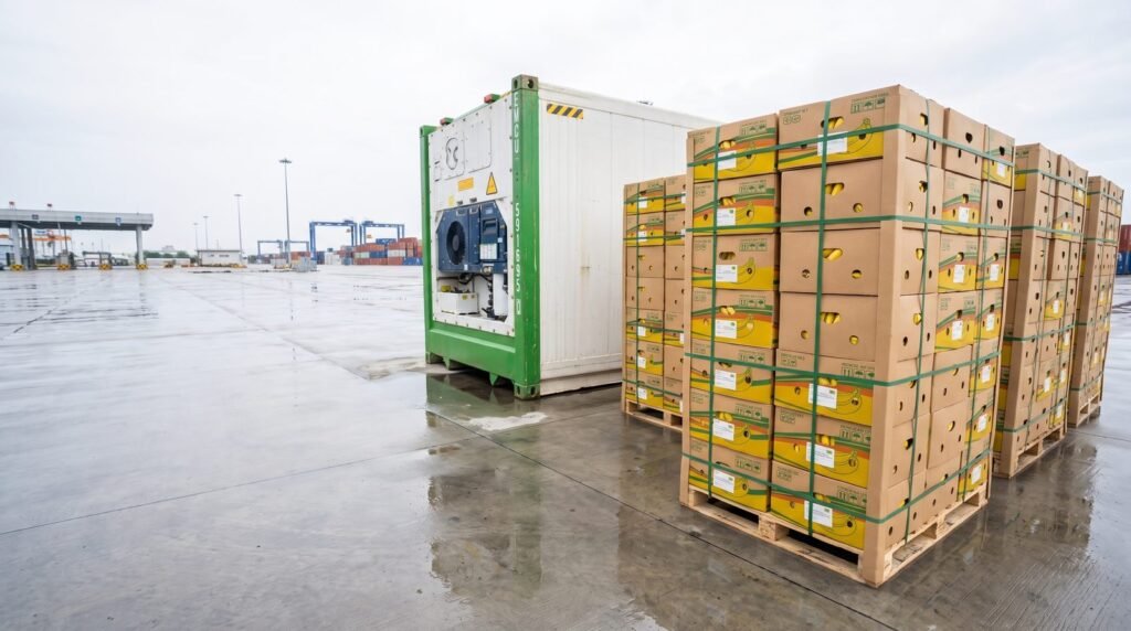 SFA licence context: fruit cartons staged for inspection at a Singapore container terminal
