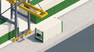 Reefer container on a quayside under a gantry crane, shipping bananas Vietnam to Jebel Ali