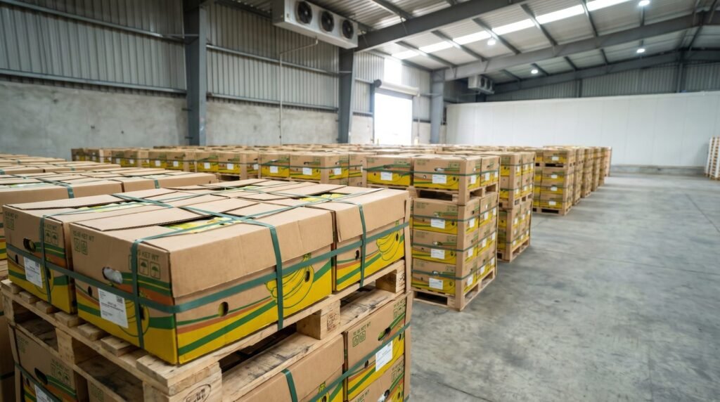 Singapore food import dependence: imported fruit cartons stacked at a distribution point