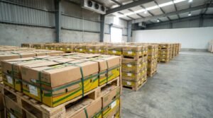 Singapore food import dependence: imported fruit cartons stacked at a distribution point