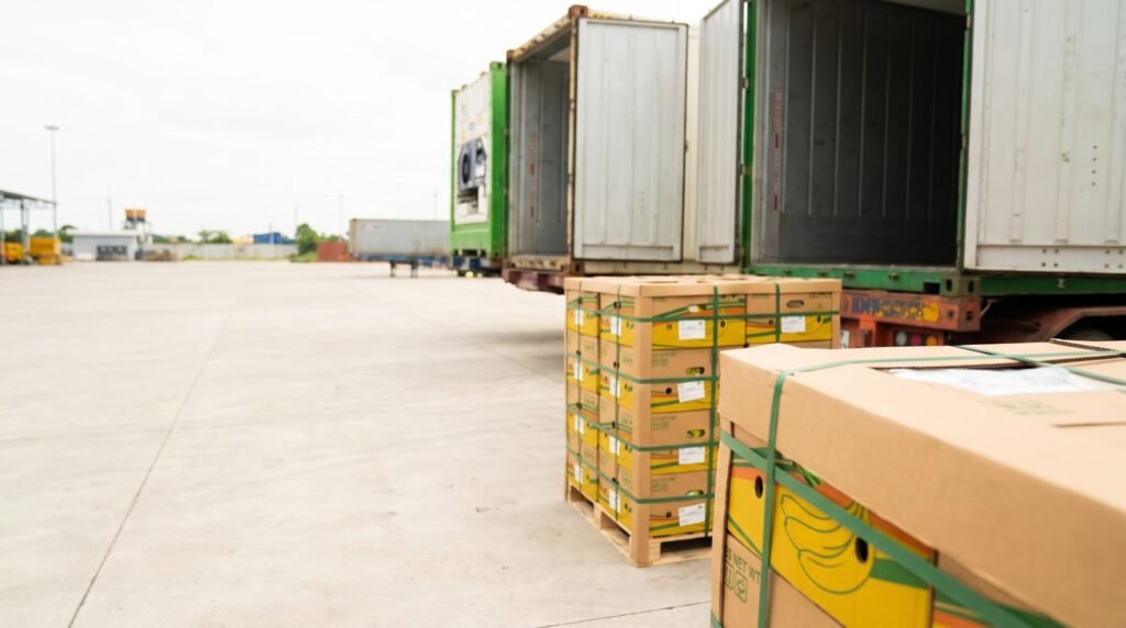Singapore fruit import documents checklist context: labelled fruit cartons stacked beside a reefer