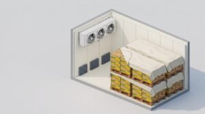 Small scale banana ripening room with two tiers of tarped pallets and fans mounted high on the rear wall