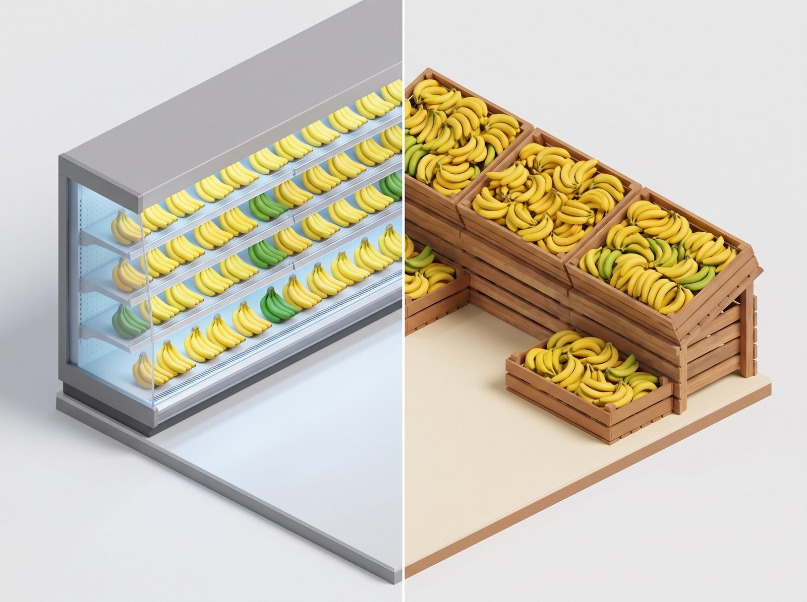 Split illustration contrasting a tidy chilled retail display with a loose wholesale pile