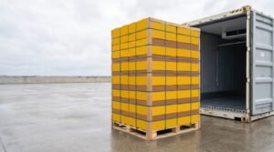 Palletised banana cartons beside a reefer, the goods a uae banana import documents checklist covers