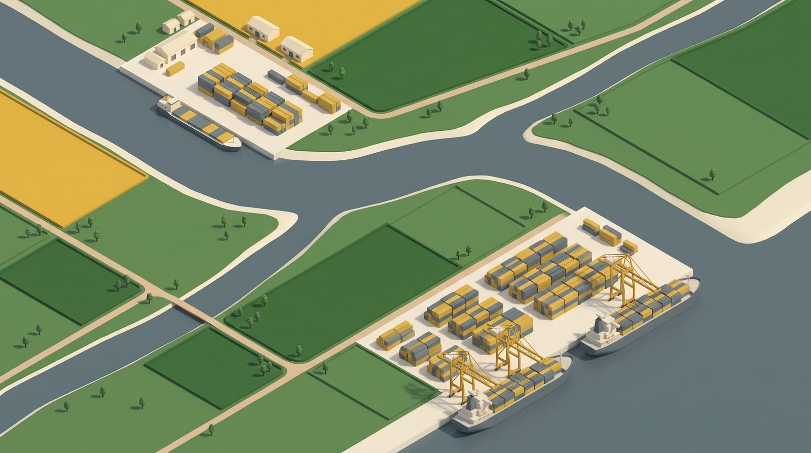 Aerial view comparing a small upriver container terminal with a larger deep water terminal downstream
