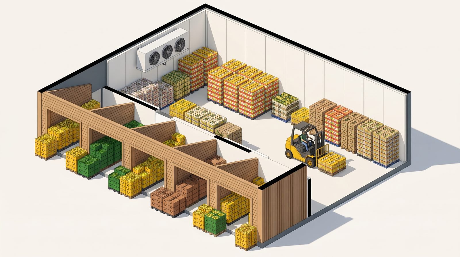 Cutaway of a wholesale market block showing open stalls in front and a chilled store behind